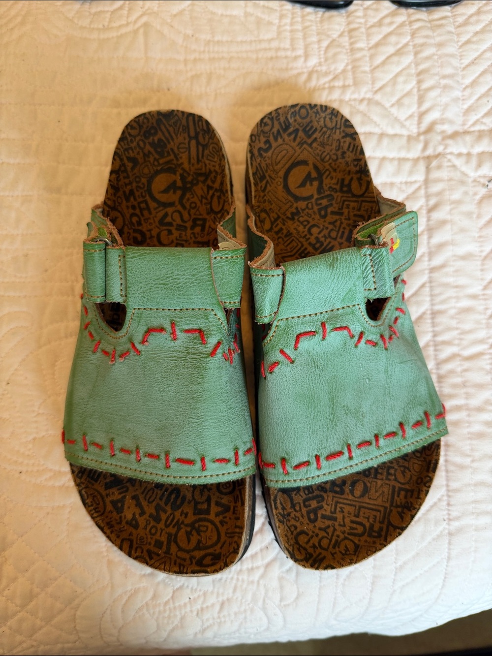 Mint Green Leather Slide Sandals with Red Stitch Detail